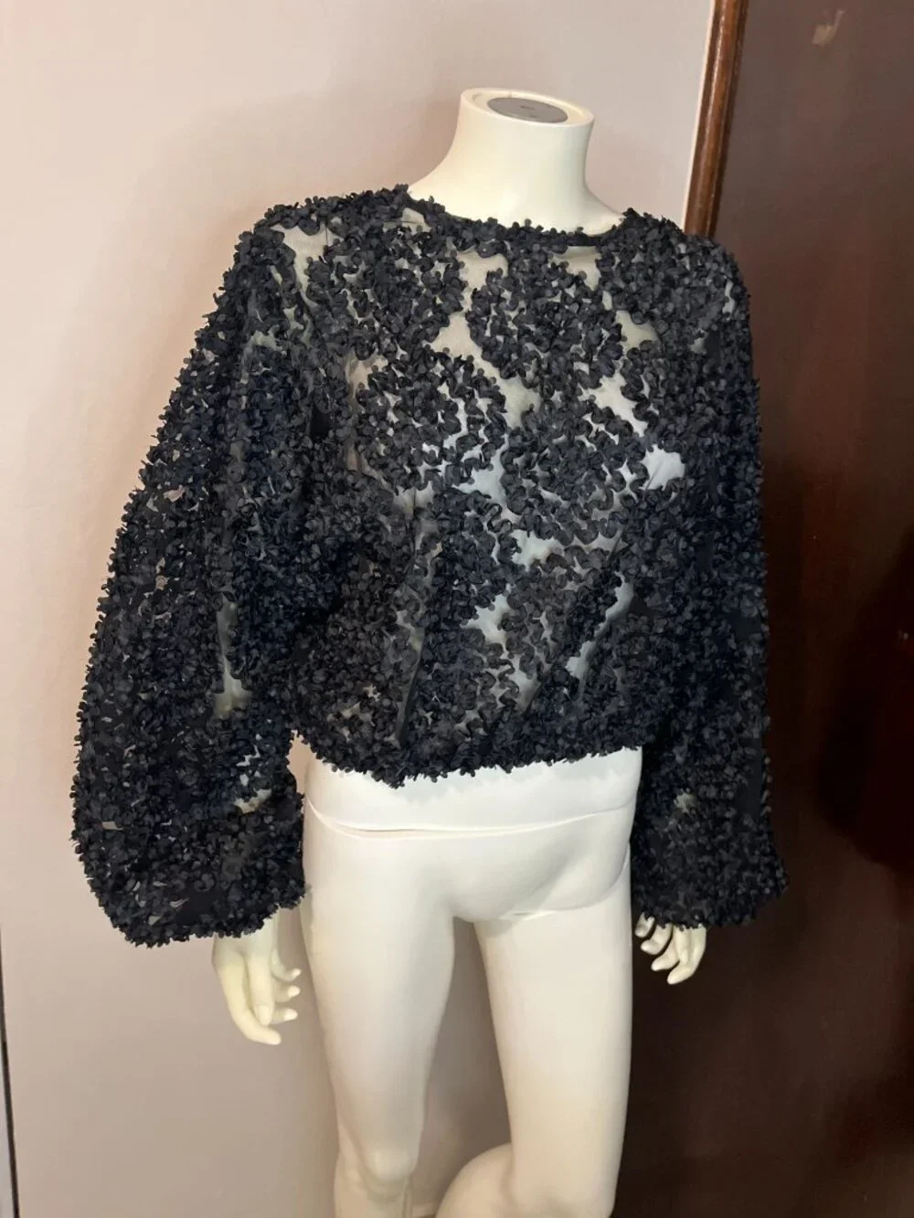 Zara Black 3D Floral Applique Sheer Mesh Top Long Wide Sleeve Large